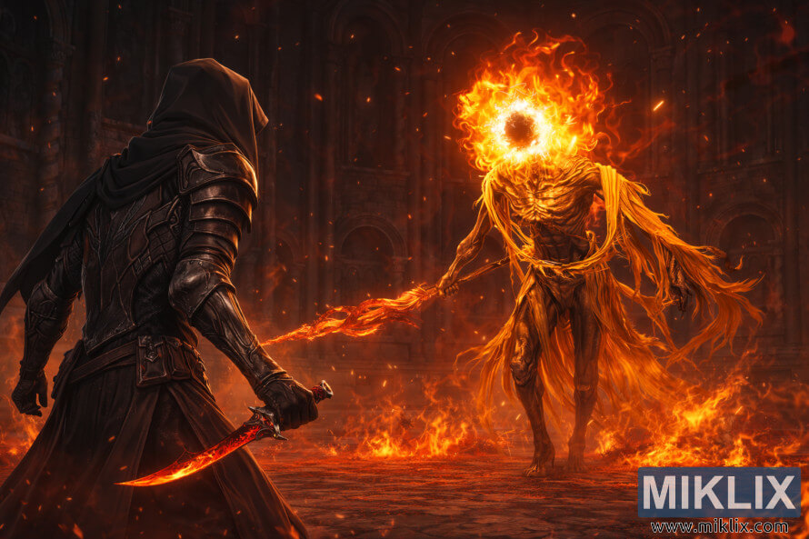 Anime-style fan art showing the Tarnished in Black Knife armor facing Midra, Lord of Frenzied Flame, at close range inside a burning stone hall.
