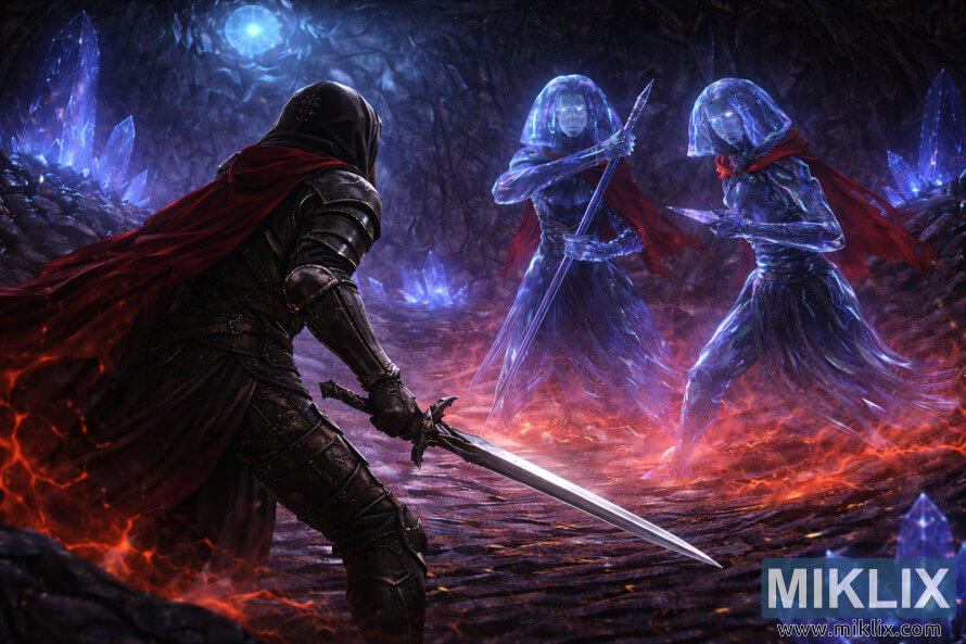 Dark fantasy artwork of the Tarnished in Black Knife armor wielding a sword while two Crystalian bosses advance closely inside Elden Ringâs Academy Crystal Cave.