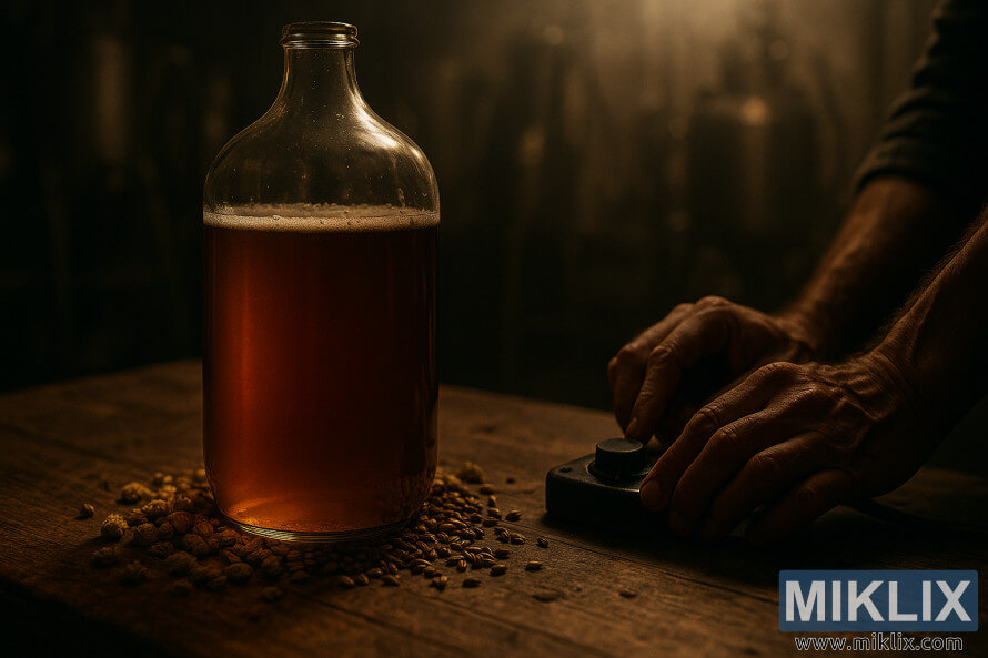 VaÅicà stanice se sklenÄným demižonem s jantarovou tekutinou, chmelem, obilÃm a rukama upravujÃcÃm vyhÅÃvacà podložku. VaÅicà stanice se sklenÄným demižonem s jantarovou tekutinou, chmelem, obilÃm a rukama upravujÃcÃm vyhÅÃvacà podložku.