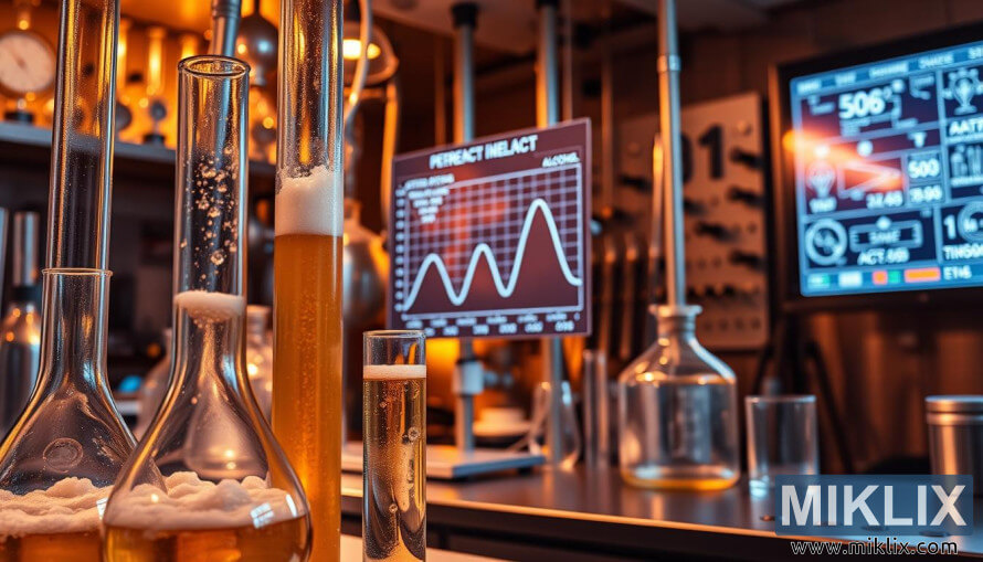 ÄaÅ¡e s kipuÄom tekuÄinom koja fermentira u laboratoriju s grafikonima i digitalnim zaslonima.