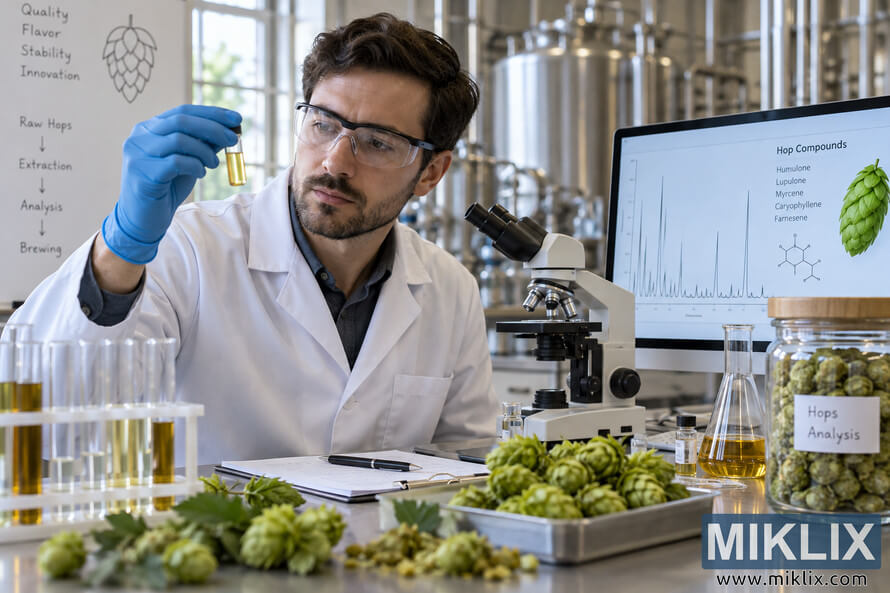 Brewing scientist in safety glasses, lab coat, and blue gloves examines a golden hop sample in a modern brewery laboratory, surrounded by hop cones, test tubes, a microscope, scientific notes, glassware, and a computer displaying hop-compound analysis. Brewing scientist in safety glasses, lab coat, and blue gloves examines a golden hop sample in a modern brewery laboratory, surrounded by hop cones, test tubes, a microscope, scientific notes, glassware, and a computer displaying hop-compound analysis.