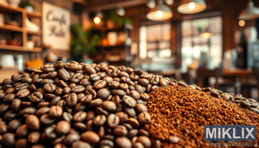 ÄerstvÃ¡ celÃ¡ a mletÃ¡ kÃ¡vovÃ¡ zrna v teplÃ½ch zemitÃ½ch tÃ³nech s rozmazanÃ½m rustikÃ¡lnÃ­m kavÃ¡renskÃ½m pozadÃ­m.