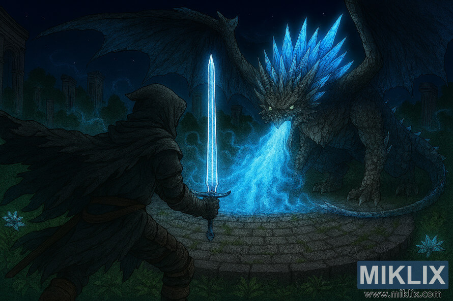 Fan art na istilong anime ng Tarnished na may hawak na espada sa harap niya na nakaharap sa Glintstone Dragon na si Adula