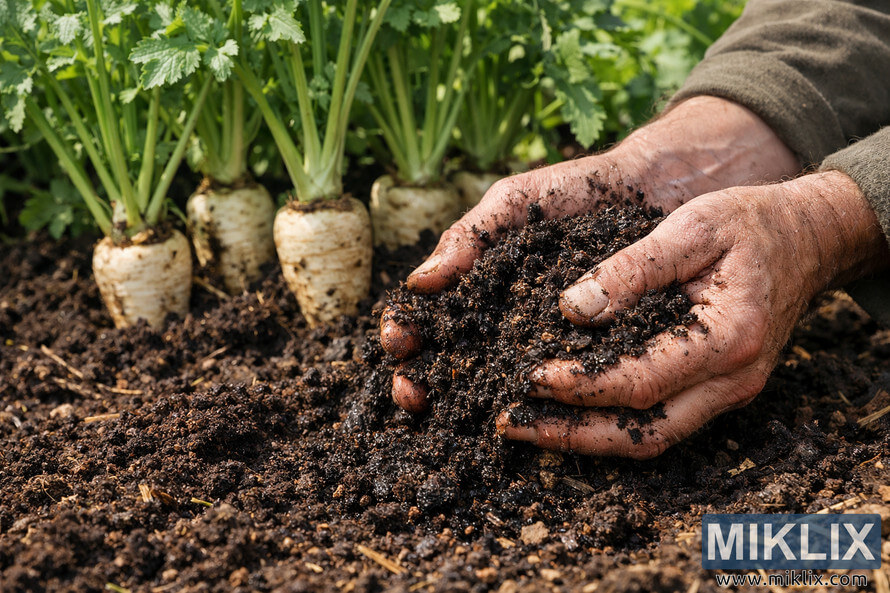 Close-up of hands mixing rich compost into garden soil with rows of parsnips growing in the background.