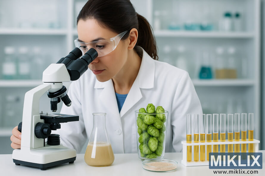 Un scientifique utilise un microscope Ã  cÃ´tÃ© de houblon, de cultures de levure et d'Ã©quipements de laboratoire dans un laboratoire moderne.