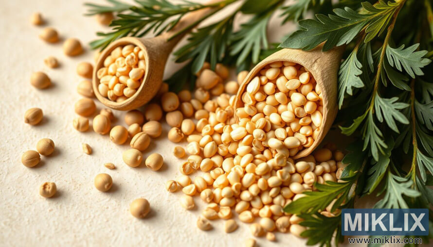 Posnetek od blizu sveÅ¾ih semen, strokov in listov grÅ¡kega sena na svetlem ozadju.