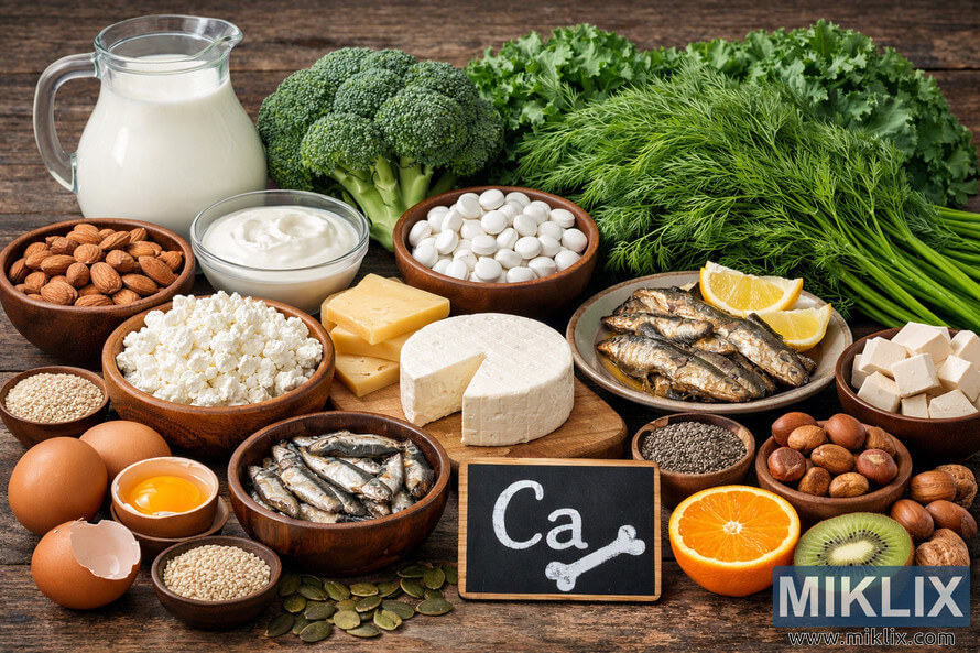A high-resolution landscape photograph displaying an assortment of calcium-rich foods arranged on a rustic wooden table, including fresh dill, dairy products, nuts, seeds, fish, tofu, and leafy greens, symbolizing bone health. A high-resolution landscape photograph displaying an assortment of calcium-rich foods arranged on a rustic wooden table, including fresh dill, dairy products, nuts, seeds, fish, tofu, and leafy greens, symbolizing bone health.
