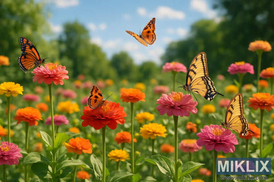 Zinnias colorÃ©s en rose, orange, rouge et jaune avec des papillons qui voltigent au soleil dâÃ©tÃ©.