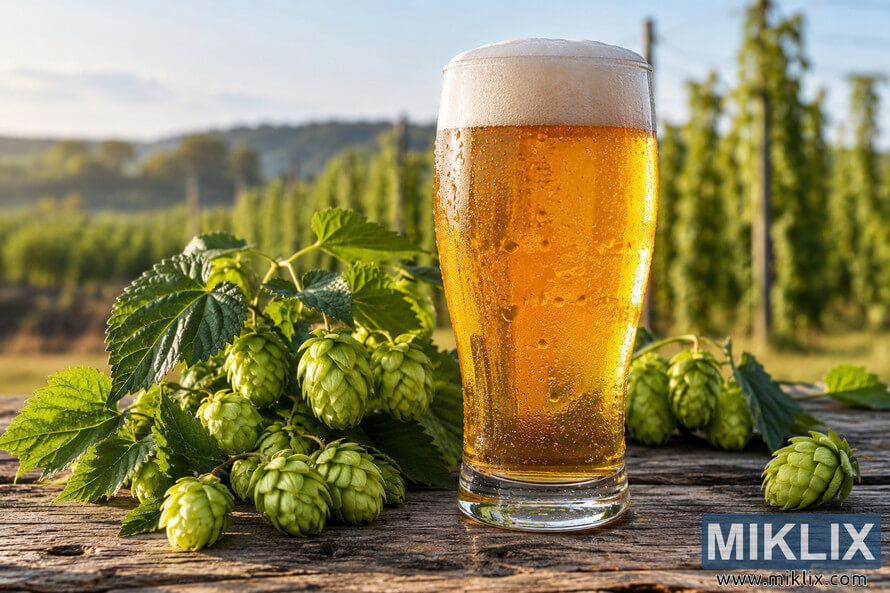Photorealistic golden amber beer with a creamy foam head beside fresh green hop cones on a rustic wooden table, with a sunlit hop field and distant hills in the background. Photorealistic golden amber beer with a creamy foam head beside fresh green hop cones on a rustic wooden table, with a sunlit hop field and distant hills in the background.
