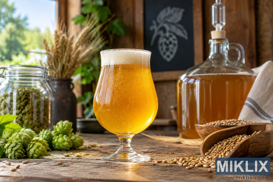 Golden saison-style beer in a tulip glass on a rustic wooden table with green hops, grains, brewing vessels, and a fermenter.