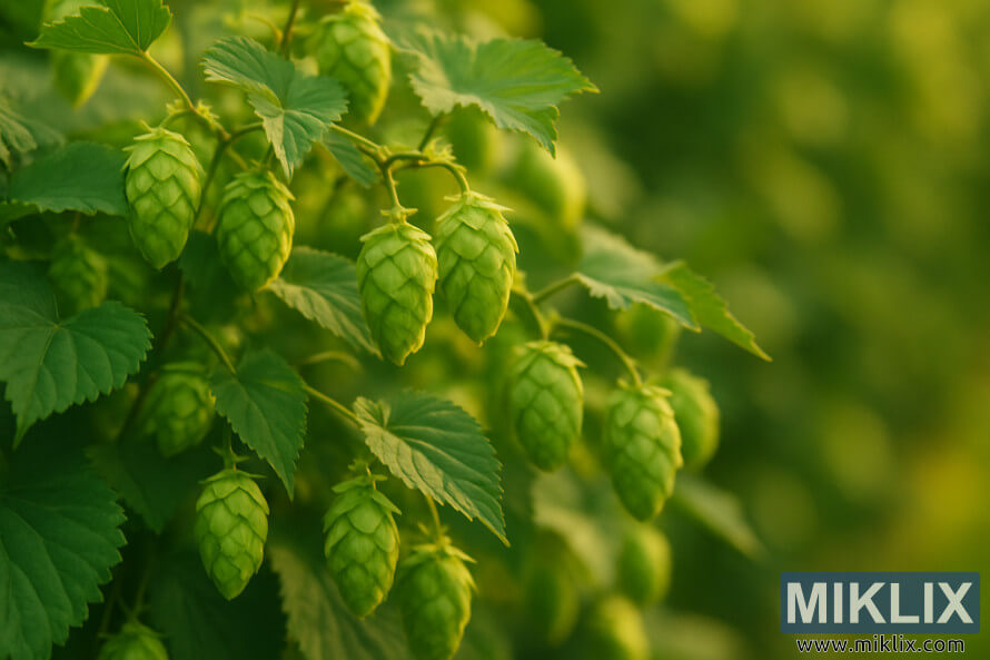 Detaljna fotografija zelenih Rivaka hmeljnih Äunjeva koji vise sa vinove loze, blago osvetljeni zlatnim sjajem na zamagljenoj prirodnoj pozadini. Detaljna fotografija zelenih Rivaka hmeljnih Äunjeva koji vise sa vinove loze, blago osvetljeni zlatnim sjajem na zamagljenoj prirodnoj pozadini.