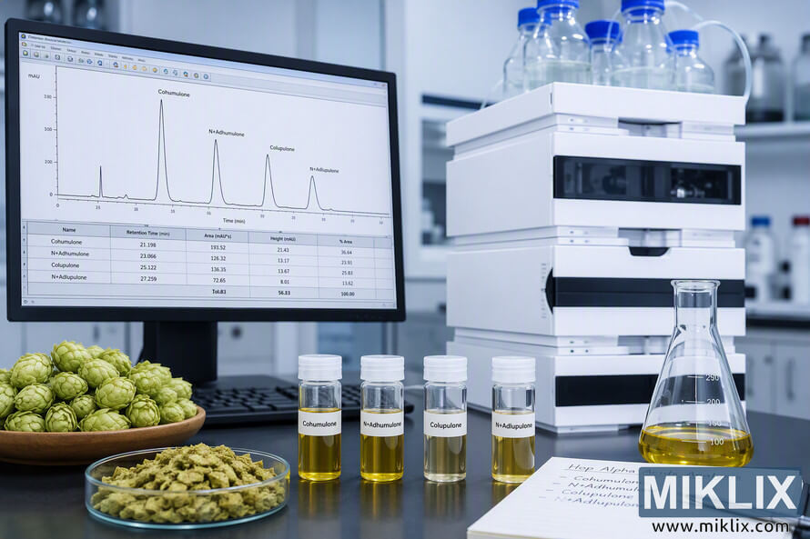 High-resolution laboratory scene showing hop alpha acid analysis. Fresh hop cones, processed hop material, labeled sample vials, a laboratory flask containing a yellow solution, a chromatography system, and a computer monitor displaying analytical peaks and compound data are arranged on a laboratory bench in a bright scientific environment.