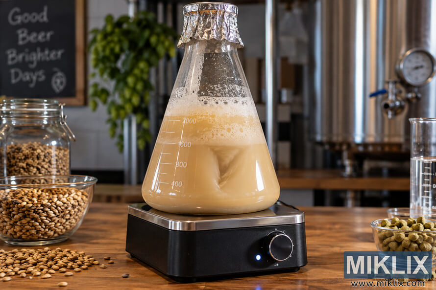 Foaming pale yeast starter swirling in a foil-covered Erlenmeyer flask on a magnetic stir plate, surrounded by brewing grains and hop pellets. Foaming pale yeast starter swirling in a foil-covered Erlenmeyer flask on a magnetic stir plate, surrounded by brewing grains and hop pellets.