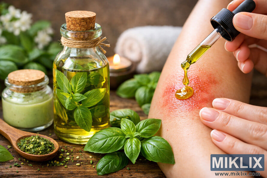 Basil-infused oil applied to inflamed skin with fresh basil leaves, candlelight, and natural skincare elements on a wooden surface. Basil-infused oil applied to inflamed skin with fresh basil leaves, candlelight, and natural skincare elements on a wooden surface.
