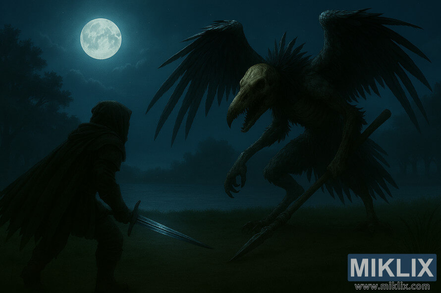 Fan art realistica dell'armatura Tarnished in Black Knife che affronta uno scheletrico Deathbird sotto la luce della luna Fan art realistica dell'armatura Tarnished in Black Knife che affronta uno scheletrico Deathbird sotto la luce della luna