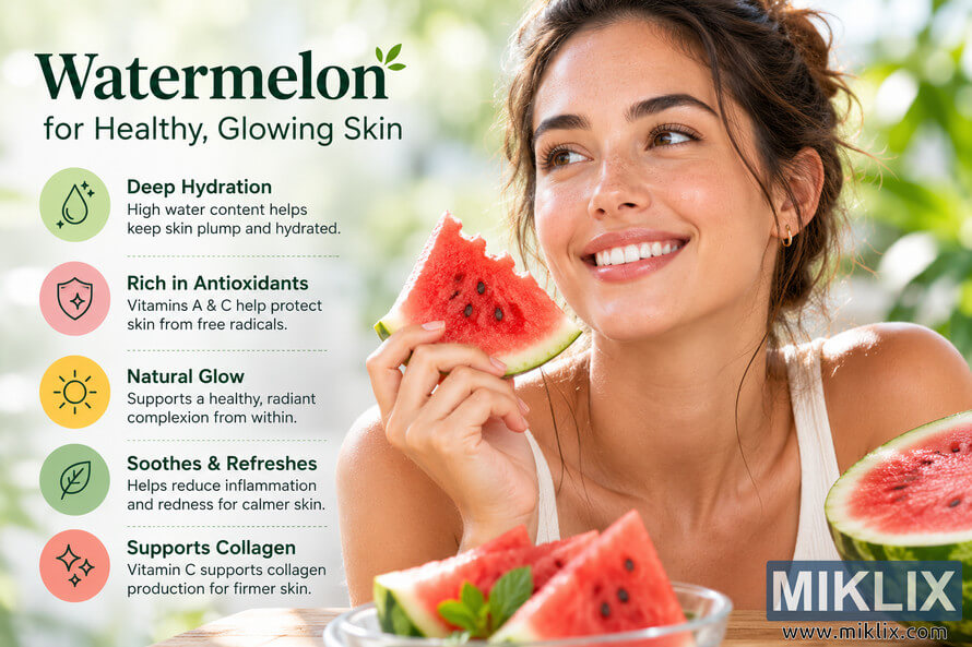 Landscape infographic-style photo of a smiling young woman with naturally glowing, hydrated skin holding a fresh slice of watermelon beside educational icons describing hydration, antioxidants, natural glow, soothing properties, and collagen support, with additional watermelon slices and a softly blurred green garden background. Landscape infographic-style photo of a smiling young woman with naturally glowing, hydrated skin holding a fresh slice of watermelon beside educational icons describing hydration, antioxidants, natural glow, soothing properties, and collagen support, with additional watermelon slices and a softly blurred green garden background.