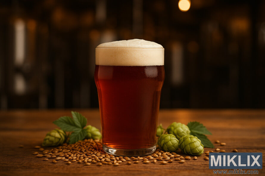 Amber Vienna lager with frothy head on rustic table surrounded by malt and hops in cozy brewery Amber Vienna lager with frothy head on rustic table surrounded by malt and hops in cozy brewery
