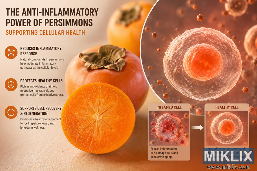 Landscape infographic featuring vibrant orange persimmons alongside a detailed scientific illustration of healthy and inflamed cells, highlighting the anti-inflammatory properties of persimmons and their role in supporting cellular health, protection, and regeneration.