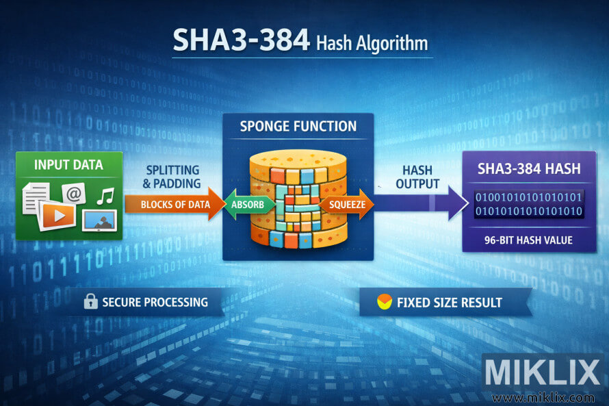 इन्फोग्राफिक दिखाता है कि SHA3-384 हैश आउटपुट बनाने के लिए इनपुट डेटा को स्पंज फ़ंक्शन के ज़रिए कैसे प्रोसेस किया जाता है।