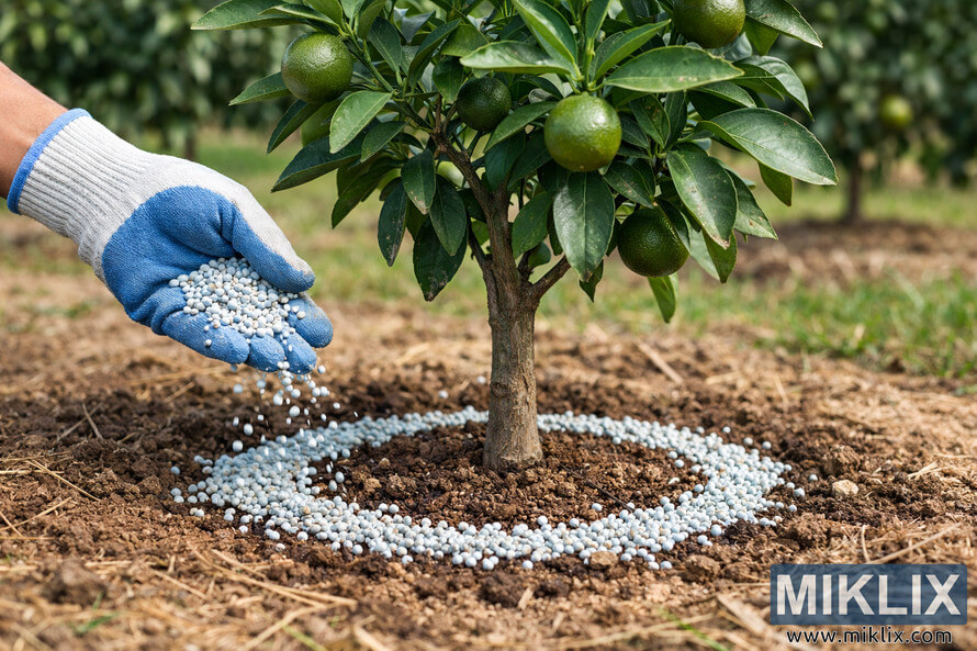A gloved hand spreading granular fertilizer in a circular pattern around the base of a young tangerine tree growing in an orchard.