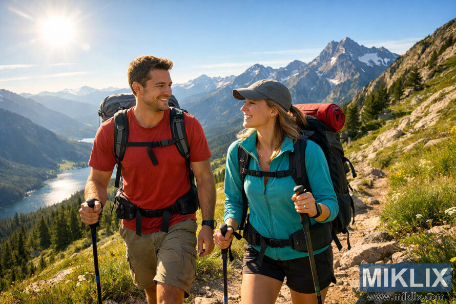 Pendaki lanang lan wadon mlaku bareng ing dalan setapak gunung sing kebak srengenge kanthi puncak alpine lan lembah ing latar mburi. Pendaki lanang lan wadon mlaku bareng ing dalan setapak gunung sing kebak srengenge kanthi puncak alpine lan lembah ing latar mburi.