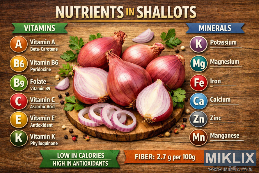Infographic titled "Nutrients in Shallots" showing whole and sliced shallots on a wooden background, with colorâcoded icons listing vitamins on the left and minerals on the right, plus banners highlighting low calories, high antioxidants, and fiber content.