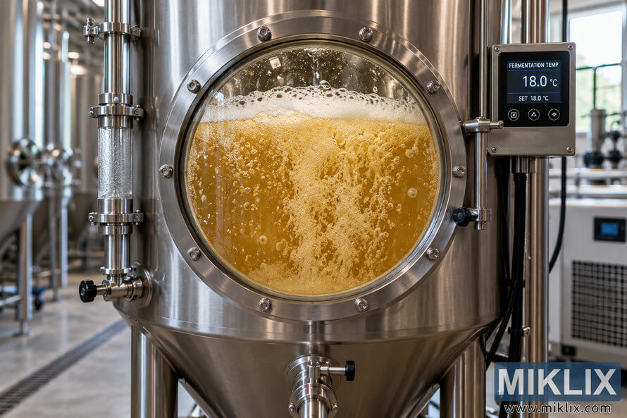 Stainless-steel brewery fermentation vessel with a large viewing window showing cloudy golden hefeweizen actively fermenting with bubbles and foam, beside a digital temperature controller reading 18.0 °C. Stainless-steel brewery fermentation vessel with a large viewing window showing cloudy golden hefeweizen actively fermenting with bubbles and foam, beside a digital temperature controller reading 18.0 °C.