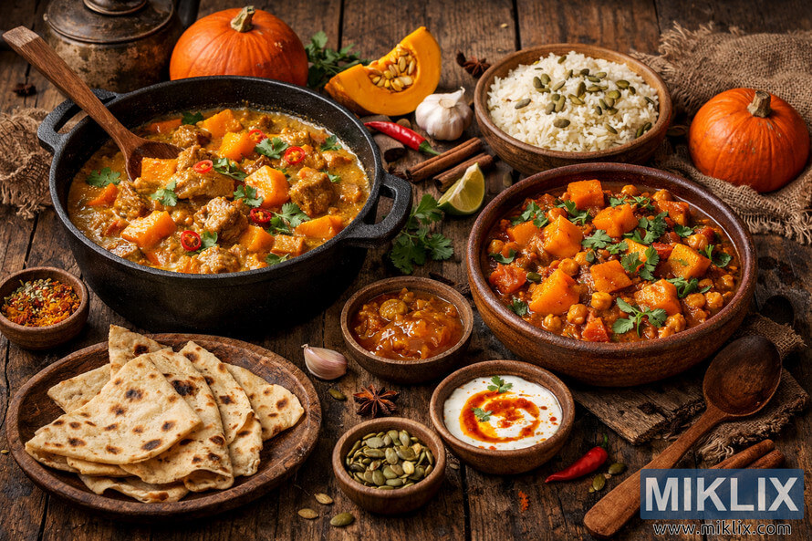 A high-resolution landscape photo of slow-cooked pumpkin curries and stews beautifully arranged on a rustic wooden table with rice, flatbreads, spices, and autumn decorations.