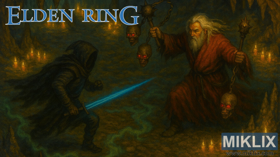 Fan art depicting the Tarnished battling Necromancer Garris inside Sage’s Cave in Elden Ring, with a glowing blue blade facing dark necromantic magic. Fan art depicting the Tarnished battling Necromancer Garris inside Sage’s Cave in Elden Ring, with a glowing blue blade facing dark necromantic magic.