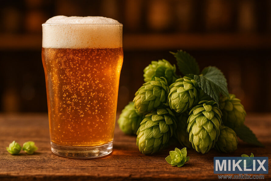 Close-up of a frothy golden beer with fresh green hops on a rustic wooden bar