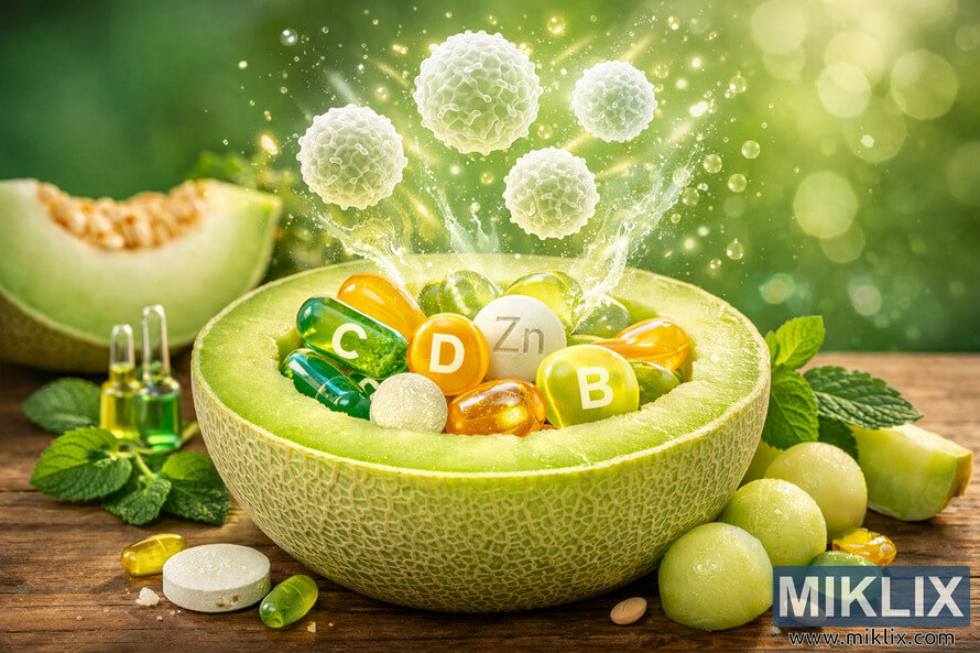 A halved honeydew melon filled with colorful vitamin capsules and glowing white blood cells emerging from it, symbolizing immune support. A halved honeydew melon filled with colorful vitamin capsules and glowing white blood cells emerging from it, symbolizing immune support.