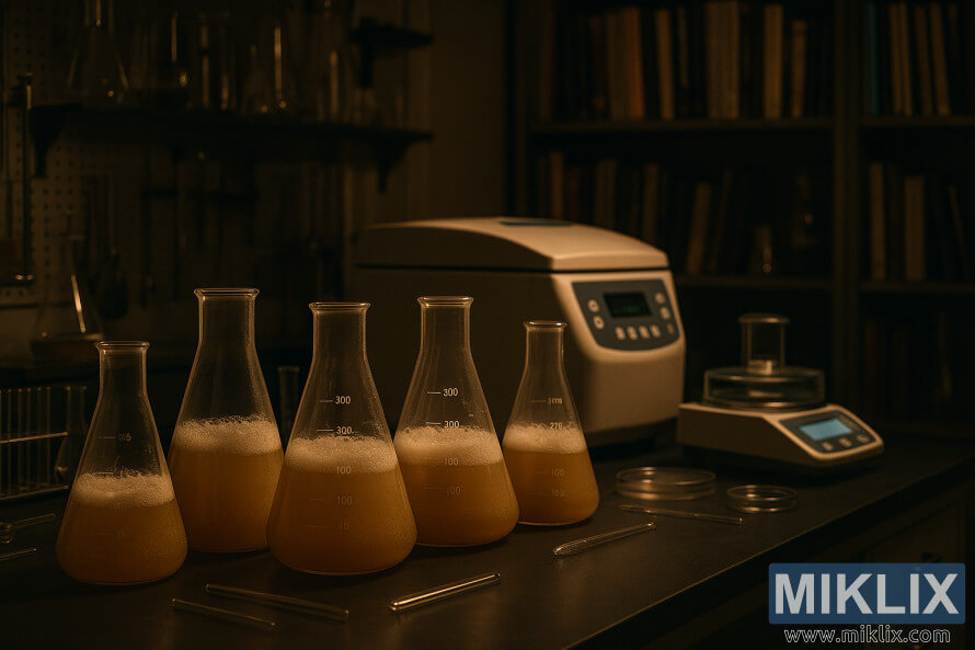 A dimly lit laboratory workbench with Erlenmeyer flasks of cloudy fermenting liquid, a centrifuge, and scientific instruments.