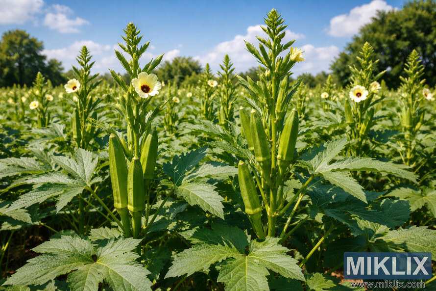 Healthy green okra plants with pods and pale yellow flowers growing in a sunny field under a bright blue summer sky.