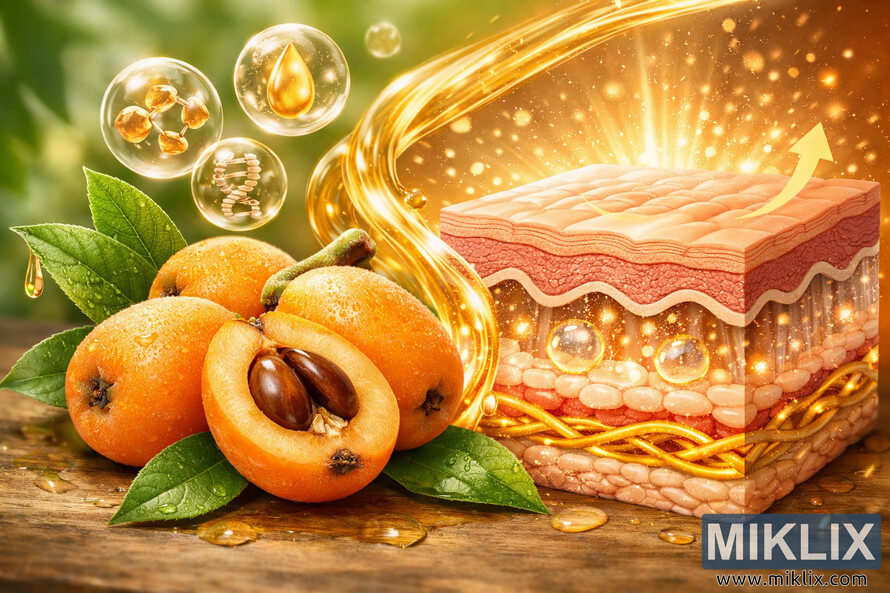 A detailed digital artwork showing ripe loquats beside a glowing cross-section of healthy human skin, symbolizing the fruit’s benefits for hydration, collagen, and antioxidant protection. A detailed digital artwork showing ripe loquats beside a glowing cross-section of healthy human skin, symbolizing the fruit’s benefits for hydration, collagen, and antioxidant protection.