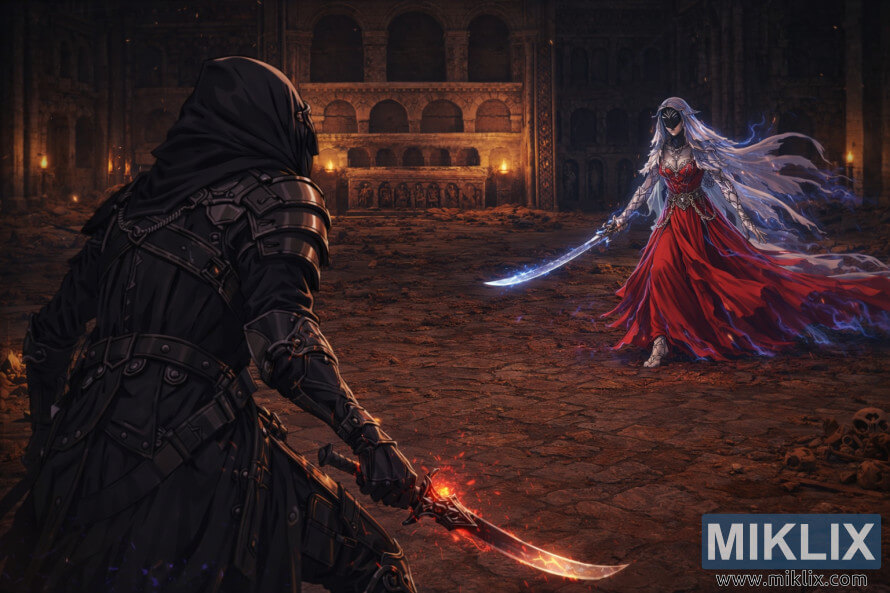 Over-the-shoulder anime-style view of the Tarnished in Black Knife armor facing the Dancer of Ranah across a ruined mausoleum hall before battle.