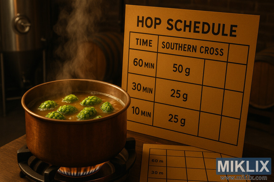 Suasana tempat pembuatan bir yang hangat dan bercahaya keemasan dengan ketel tembaga yang mendidihkan wort dan kerucut hop Southern Cross yang mengapung di samping bagan jadwal hop yang mudah dibaca; tangki fermentasi dan tong di latar belakang yang redup.