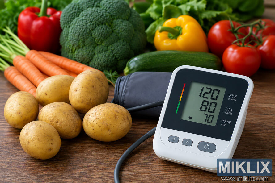 A digital blood pressure monitor with its cuff rests on a wooden table beside fresh potatoes, carrots, broccoli, bell peppers, zucchini, tomatoes, and leafy greens, illustrating the relationship between healthy eating and cardiovascular wellness. A digital blood pressure monitor with its cuff rests on a wooden table beside fresh potatoes, carrots, broccoli, bell peppers, zucchini, tomatoes, and leafy greens, illustrating the relationship between healthy eating and cardiovascular wellness.