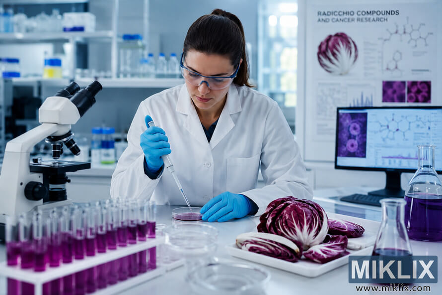 Scientist in a modern cancer research laboratory using a micropipette to study radicchio-derived compounds, surrounded by laboratory equipment, purple test samples, a microscope, scientific displays, and fresh radicchio specimens on a clean laboratory bench. Scientist in a modern cancer research laboratory using a micropipette to study radicchio-derived compounds, surrounded by laboratory equipment, purple test samples, a microscope, scientific displays, and fresh radicchio specimens on a clean laboratory bench.