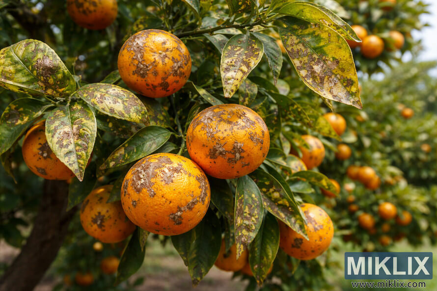 Close-up of tangerines on a tree showing citrus canker lesions with brown scab-like spots and yellowing leaves in an orchard.