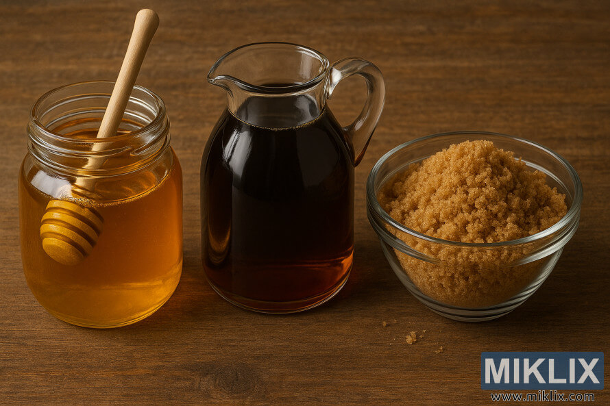 Honning, lønnesirup og brunt sukker vist på en rustikk treflate. Honning, lønnesirup og brunt sukker vist på en rustikk treflate.