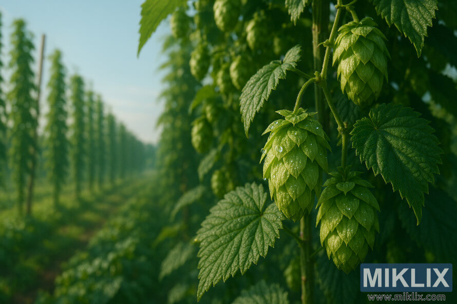 Pamje nga afÃ«r e koneve tÃ« humulusit Lubelska tÃ« mbuluara me vesÃ« dhe gjetheve tÃ« gjelbra nÃ« njÃ« rrjetÃ«, me njÃ« fushÃ« humulusi me fokus tÃ« butÃ« dhe qiell blu nga pas.
