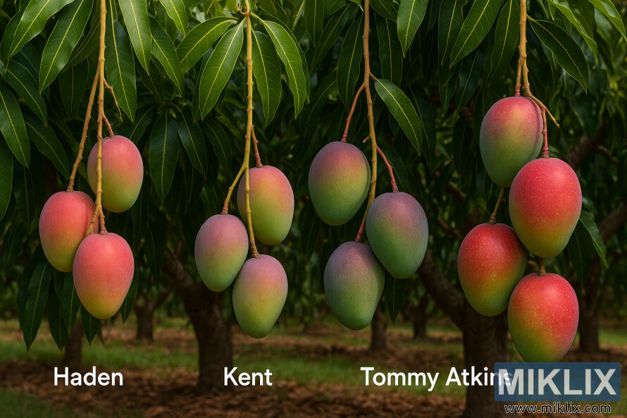 Tri stabla manga - Haden, Kent i Tomi Atkins - prikazuju grozdove zrelog manga meÄu bujnim zelenim liÅ¡Äem u tropskom voÄnjaku.