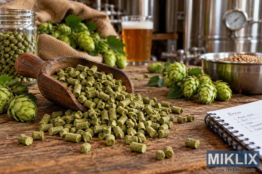Fresh green hop pellets spilling from a wooden scoop across a rustic brewing table, surrounded by whole hop cones, malt grain, a glass of golden beer, brewing notes, and stainless-steel brewing equipment.