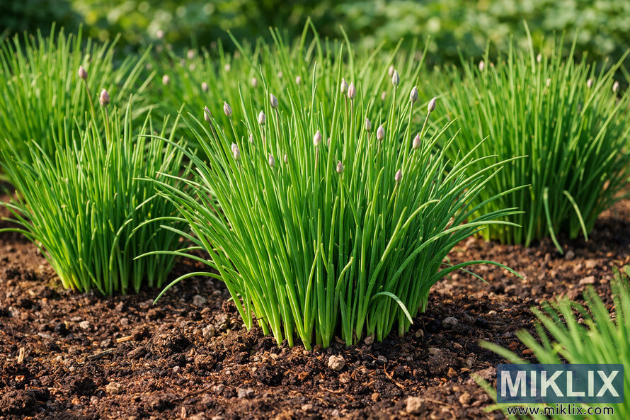 A close-up landscape photograph of healthy chive plants growing in a garden bed with rich soil and soft sunlight illuminating their green leaves. A close-up landscape photograph of healthy chive plants growing in a garden bed with rich soil and soft sunlight illuminating their green leaves.