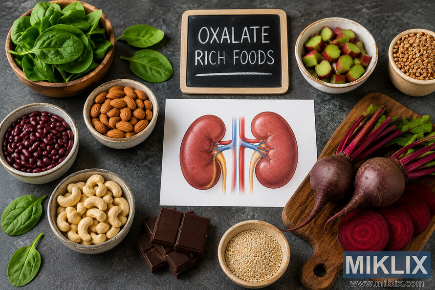 High-resolution landscape illustration showing an anatomical drawing of two kidneys surrounded by a selection of oxalate-rich foods including spinach, almonds, kidney beans, cashews, sesame seeds, dark chocolate, beetroot, rhubarb, and cereal on a dark stone surface with a chalkboard labeled 'Oxalate Rich Foods'. High-resolution landscape illustration showing an anatomical drawing of two kidneys surrounded by a selection of oxalate-rich foods including spinach, almonds, kidney beans, cashews, sesame seeds, dark chocolate, beetroot, rhubarb, and cereal on a dark stone surface with a chalkboard labeled 'Oxalate Rich Foods'.