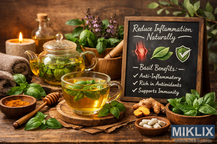 Landscape photo of a steaming glass cup of golden basil tea on a wooden table, surrounded by fresh basil leaves, turmeric, ginger, and a chalkboard reading “Reduce Inflammation Naturally” with listed basil health benefits. Landscape photo of a steaming glass cup of golden basil tea on a wooden table, surrounded by fresh basil leaves, turmeric, ginger, and a chalkboard reading “Reduce Inflammation Naturally” with listed basil health benefits.