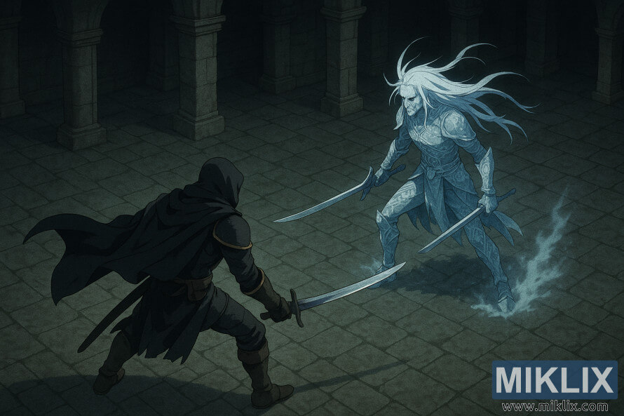 Isometric anime-style view of the Tarnished facing the Ancient Hero of Zamor with separated curved swords in an ancient stone hall.