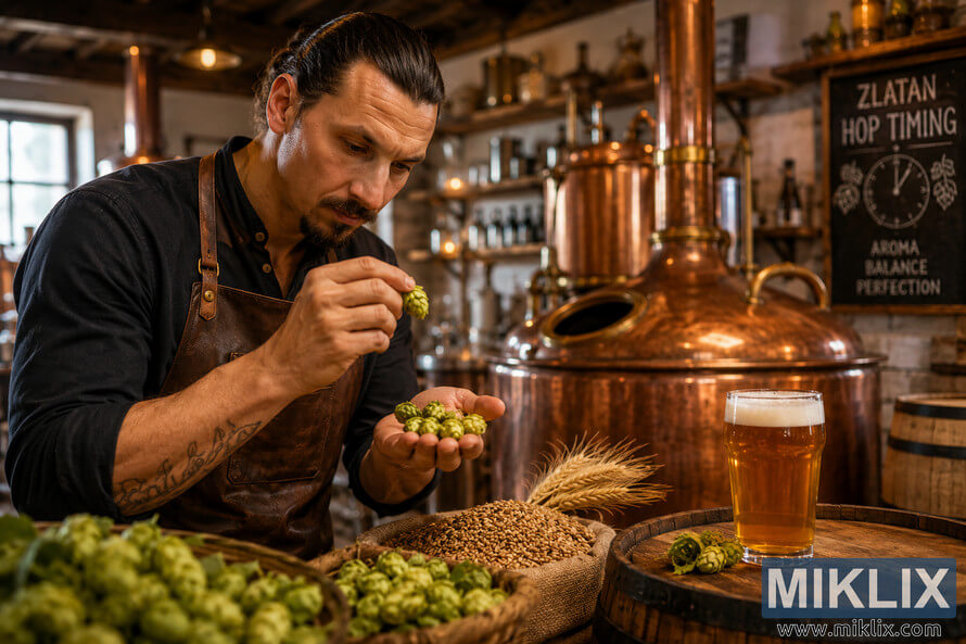 A focused brewer in a rustic craft brewery carefully examines fresh green hops beside glowing copper brewing kettles, barrels, barley, and a glass of golden beer under warm ambient lighting. A focused brewer in a rustic craft brewery carefully examines fresh green hops beside glowing copper brewing kettles, barrels, barley, and a glass of golden beer under warm ambient lighting.