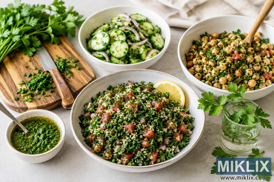 Overhead landscape photo of several fresh parsley-based salad dishes arranged on a light tabletop, including tabbouleh-style salad, cucumber salad, chickpea salad, chopped parsley on a wooden cutting board, and a green herb dressing in a small bowl. Overhead landscape photo of several fresh parsley-based salad dishes arranged on a light tabletop, including tabbouleh-style salad, cucumber salad, chickpea salad, chopped parsley on a wooden cutting board, and a green herb dressing in a small bowl.