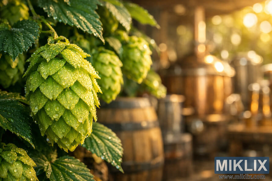 Close-up of dew-covered Tardif de Bourgogne hop cones with green vines in the foreground and a softly blurred rustic brewery background.